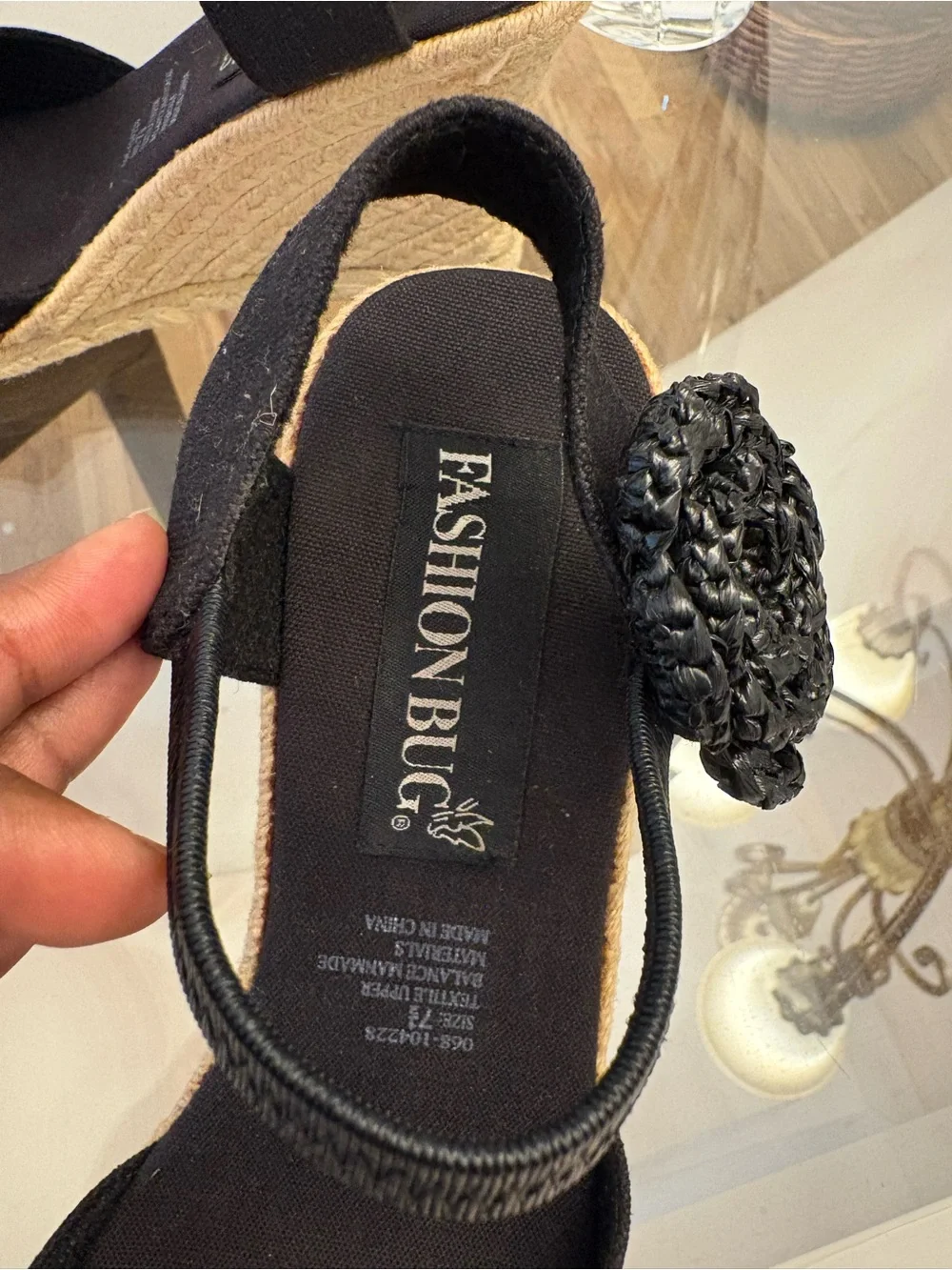 Fashion Bug Women's Black Wedge Slingback Sandals Flower Accent Slip On 7.5